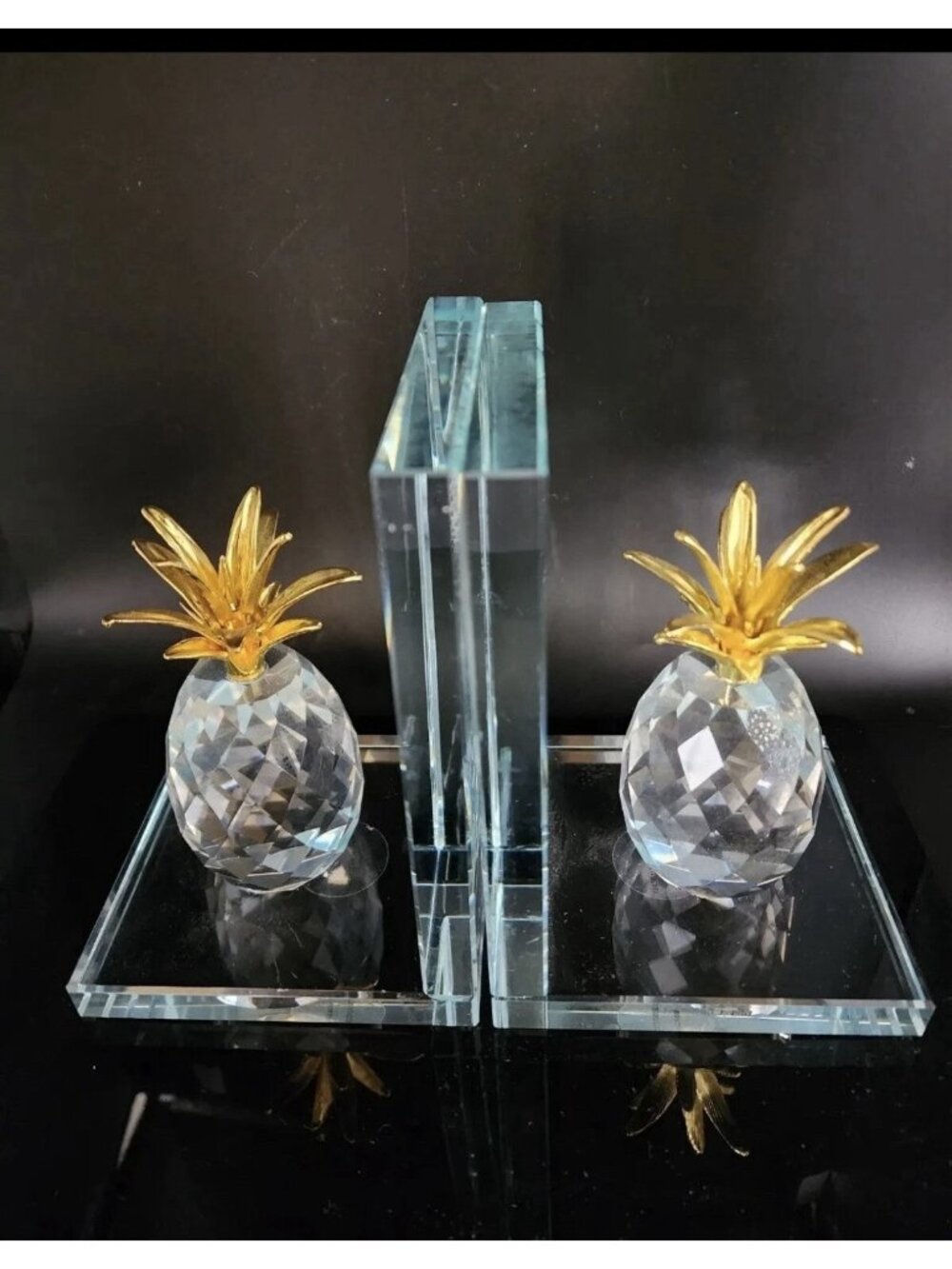 Crystal Glass Pineapple Bookends Thick Glass Base Set of 2 Superb